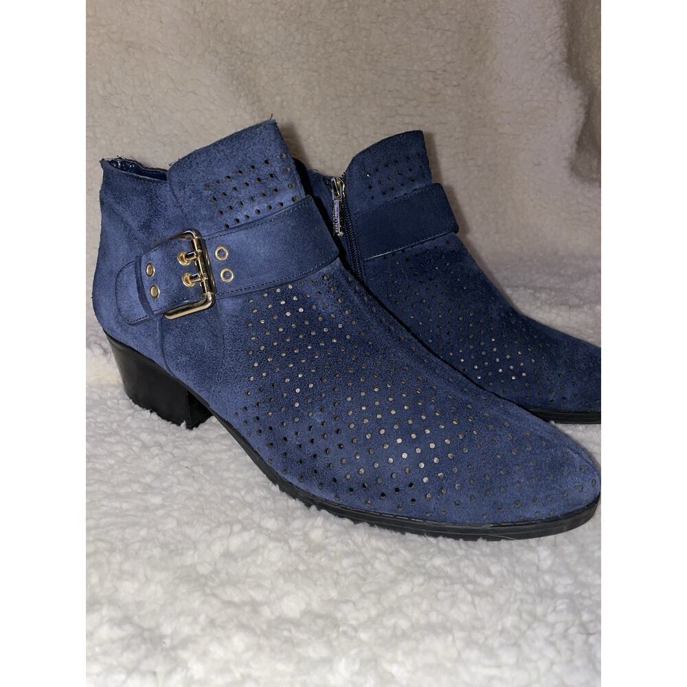 Karl Lagerfeld Boots Womens 11 M Ankle Shoes Amica Blue Perforated Suede Buckle